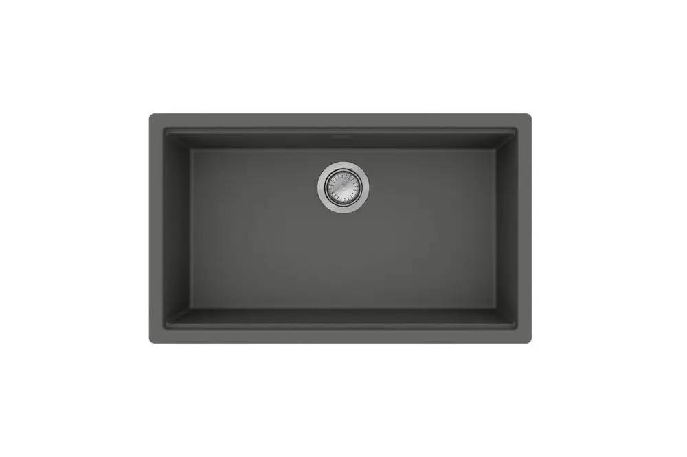 Unterbauspüle in Steingrau mit runder Ablaufgarnitur. Design von Hansgrohe, einfache Handhabung und Reinigung. Eignet sich für moderne Küchenanwendungen.